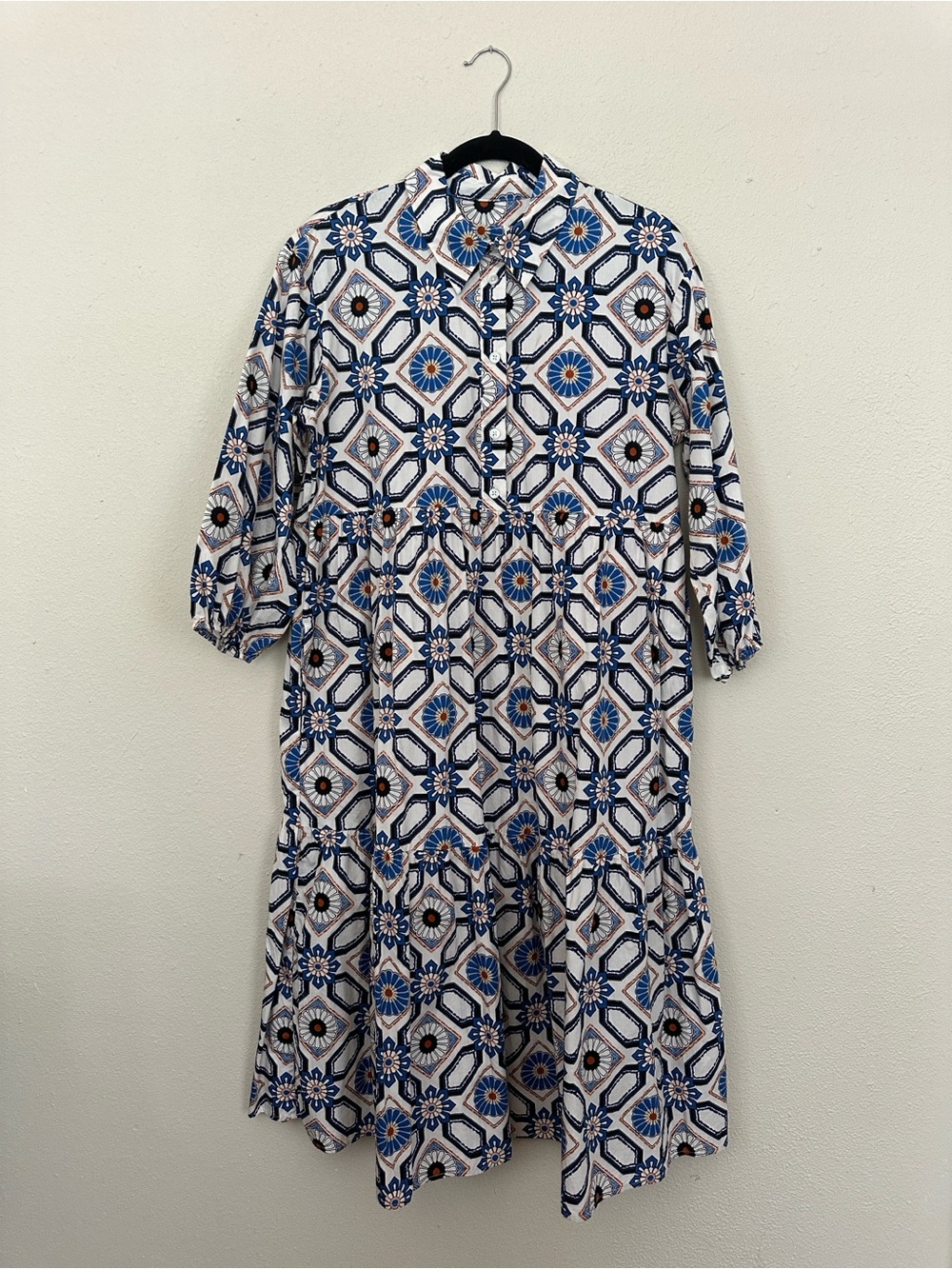 Maeve Blue & White Geometric Tiered Midi Dress